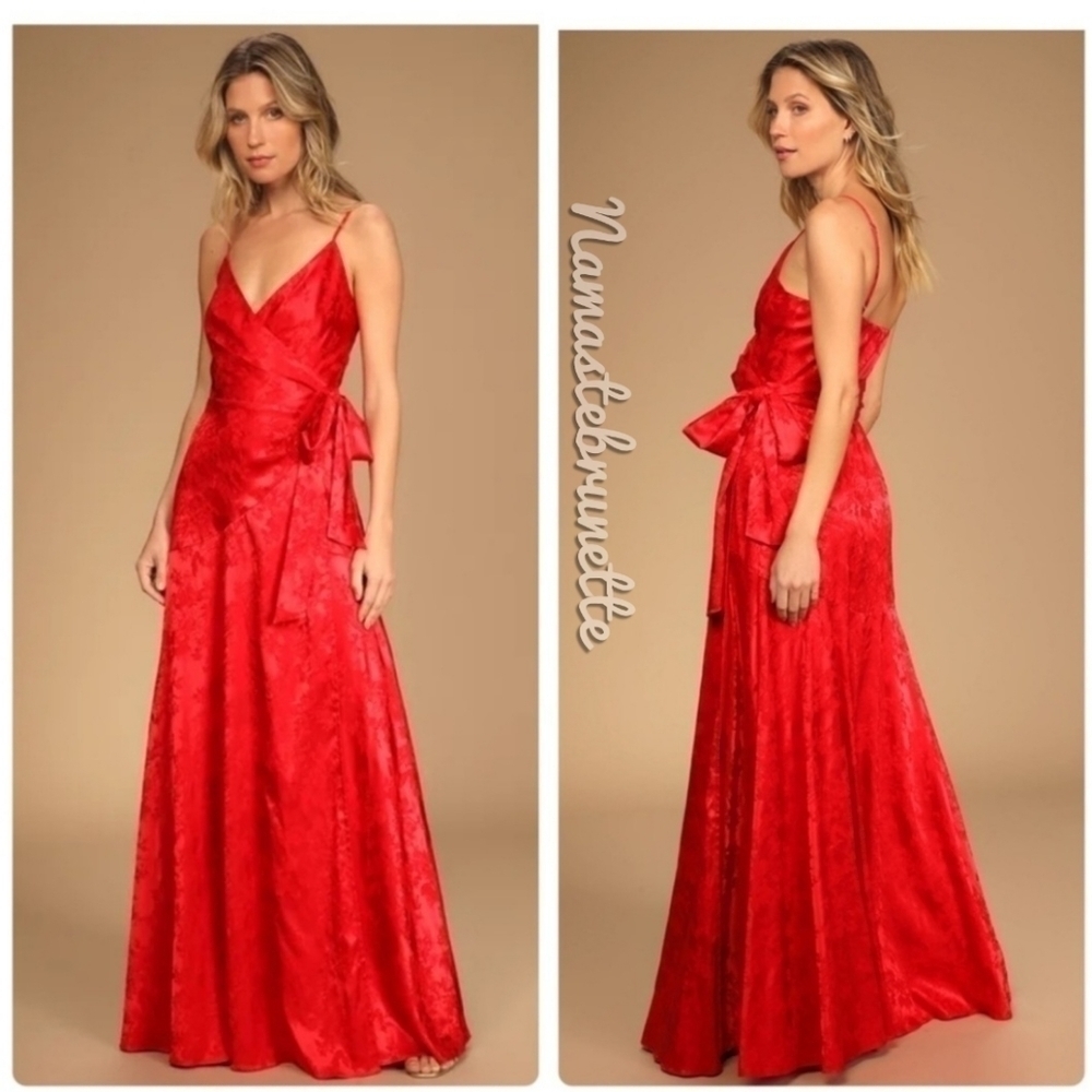 Nwt Lulu's Red Floral Jacquard Satin Wrap Maxi Dress, Formal